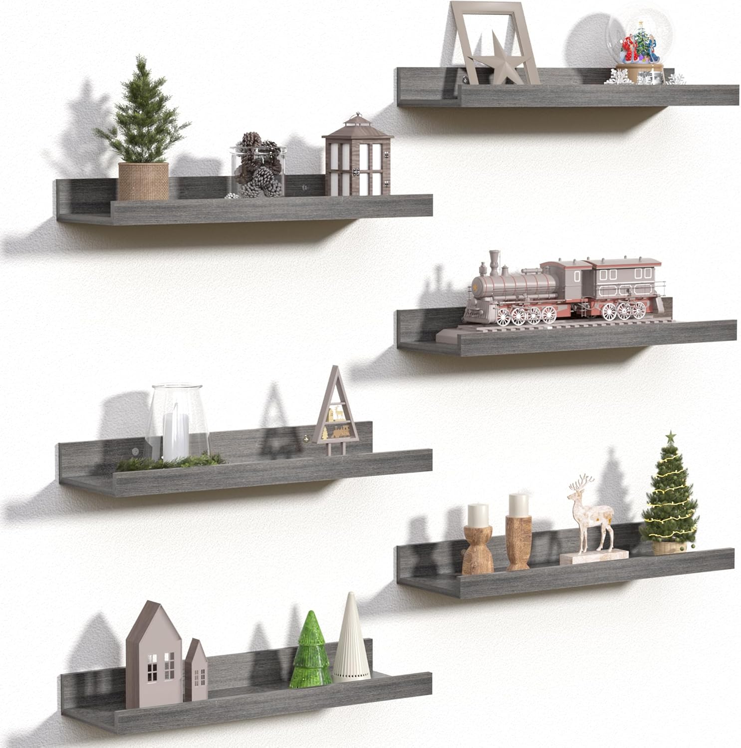 upsimples Floating Shelves for Wall, 35.5 Inch Shelves for Decor Storage Set of 6, Wall Mounted Wood Shelf for Bedroom, Living Room, Bathroom, Kitchen, Long Picture Ledge Shelves, Brown