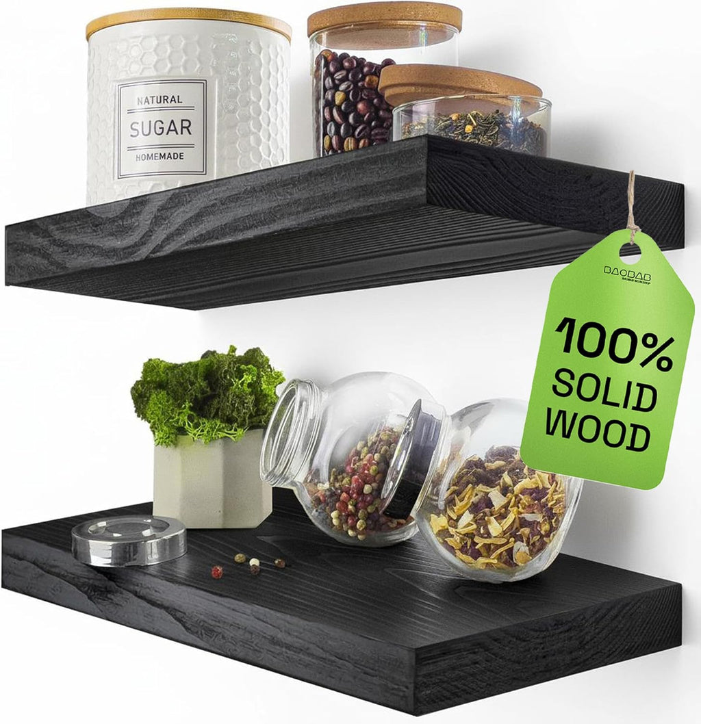 BAOBAB WORKSHOP Wood Floating Shelves Set of 2 - Rustic Shelf 24 inch - Floating Shelf for Wall Mounted - Wide Wooden Wall Shelves for Living Room Bedroom Kitchen Bathroom - Dark Walnut - 24W x 6.7D