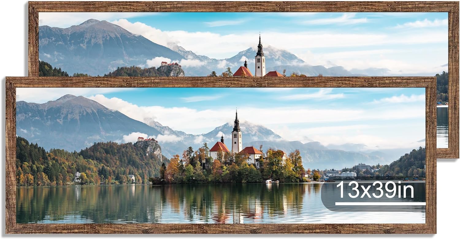12x22 Picture Frame Set of 2, Rustic Brown with Glass Collage Frame, Display Eight Opening 4x6 Photos With Mat or 12 x 22 Newspaper Without Mat - Horizontal or Vertical Wall Mounting