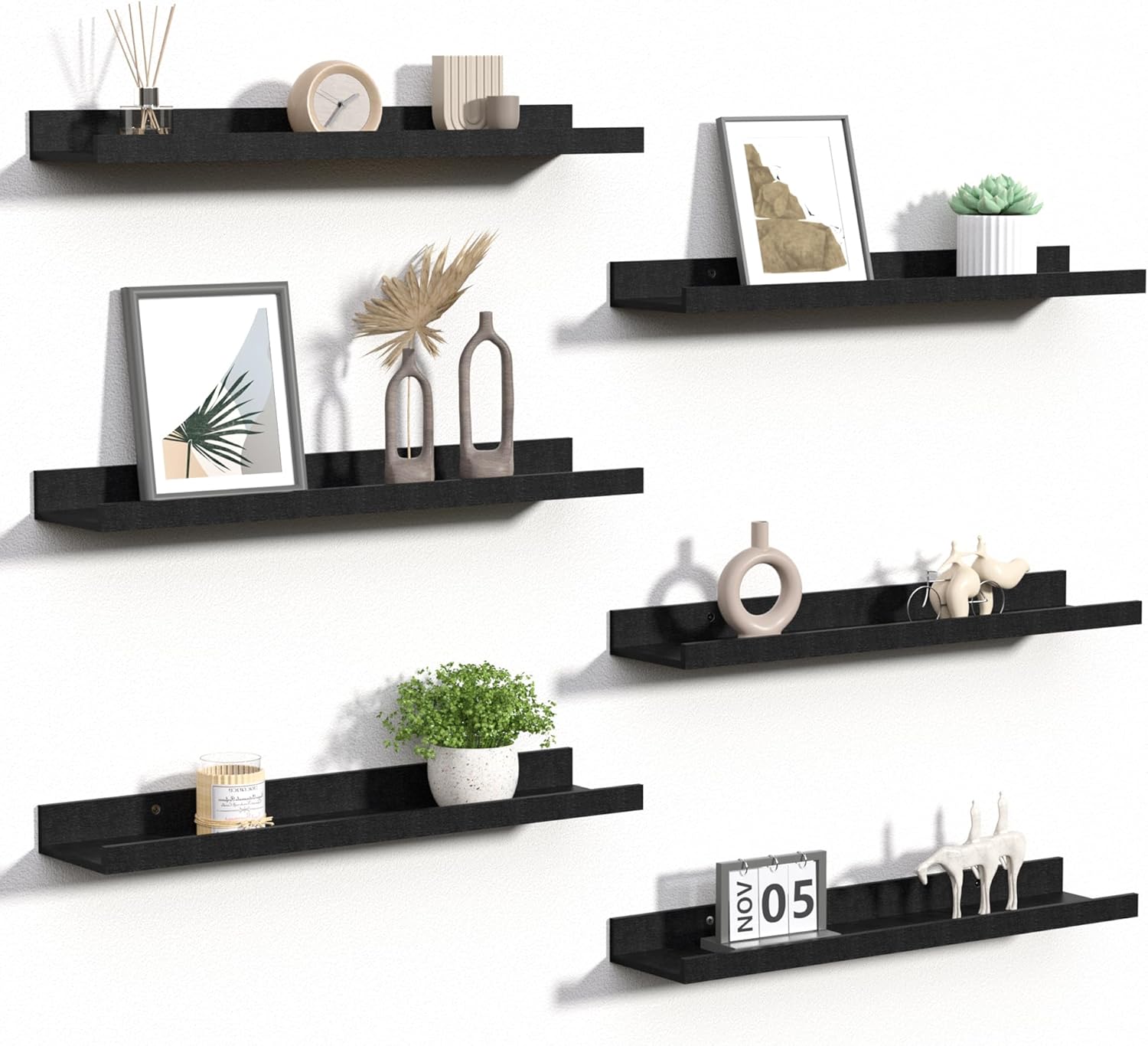 upsimples Floating Shelves for Wall, 35.5 Inch Shelves for Decor Storage Set of 6, Wall Mounted Wood Shelf for Bedroom, Living Room, Bathroom, Kitchen, Long Picture Ledge Shelves, Brown