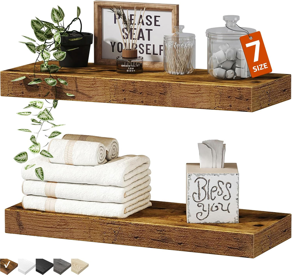 QEEIG Floating Shelves for Wall 47.2" Extra Long - Wall Shelf Bathroom Kitchen Living Room Bedroom Farmhouse Home Decor Display Bookshelf Large 47.2 x 9.3 inch Set of 2, Rustic Brown (008-120BN)