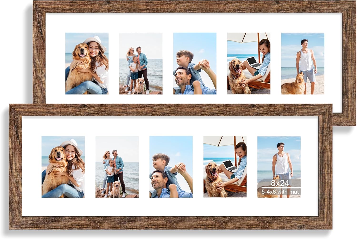 12x22 Picture Frame Set of 2, Rustic Brown with Glass Collage Frame, Display Eight Opening 4x6 Photos With Mat or 12 x 22 Newspaper Without Mat - Horizontal or Vertical Wall Mounting