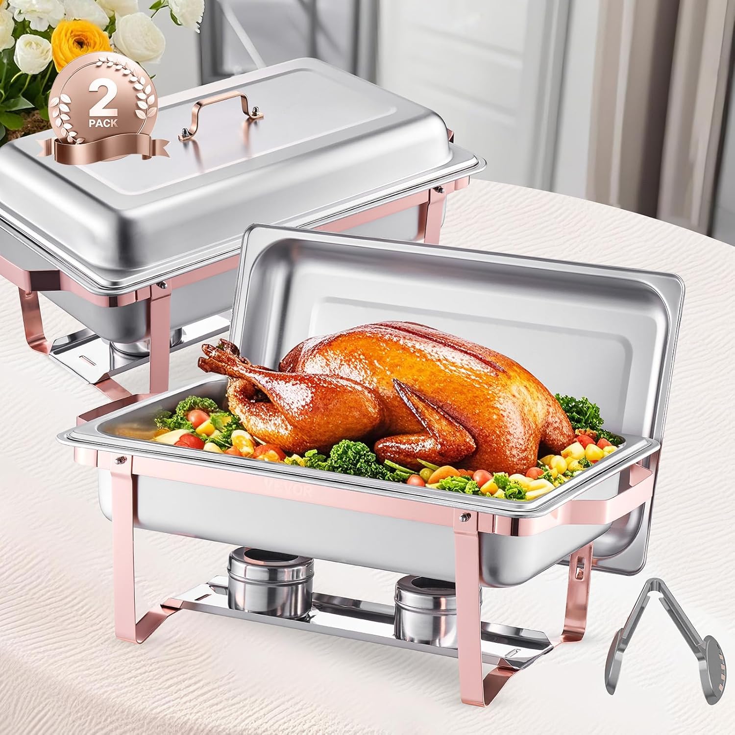 VEVOR Chafing Dish Buffet Set, 8 Qt 2 Pack, Stainless Steel Chafer with 2 Full Size Pans, Rectangle Catering Warmer Server with Glass Lid Water Pan Folding Stand Fuel Holder, for Wedding Party Banquet