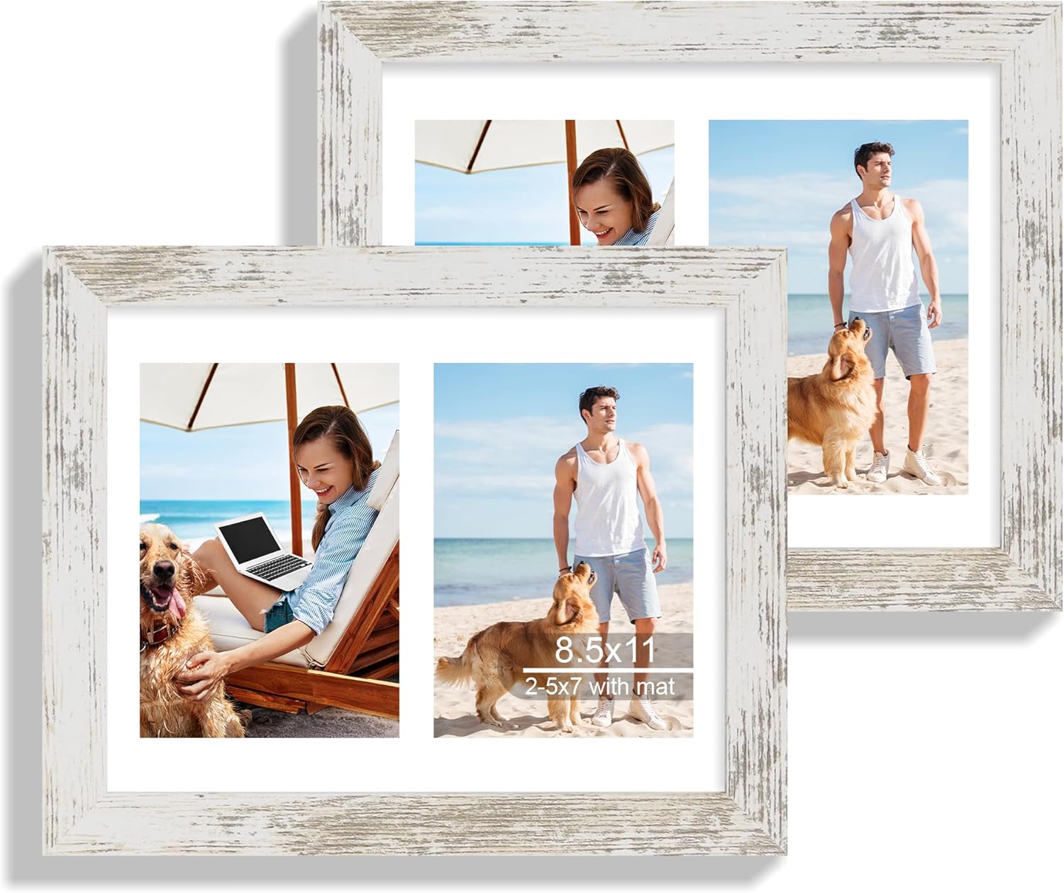 12x22 Picture Frame Set of 2, Rustic Brown with Glass Collage Frame, Display Eight Opening 4x6 Photos With Mat or 12 x 22 Newspaper Without Mat - Horizontal or Vertical Wall Mounting