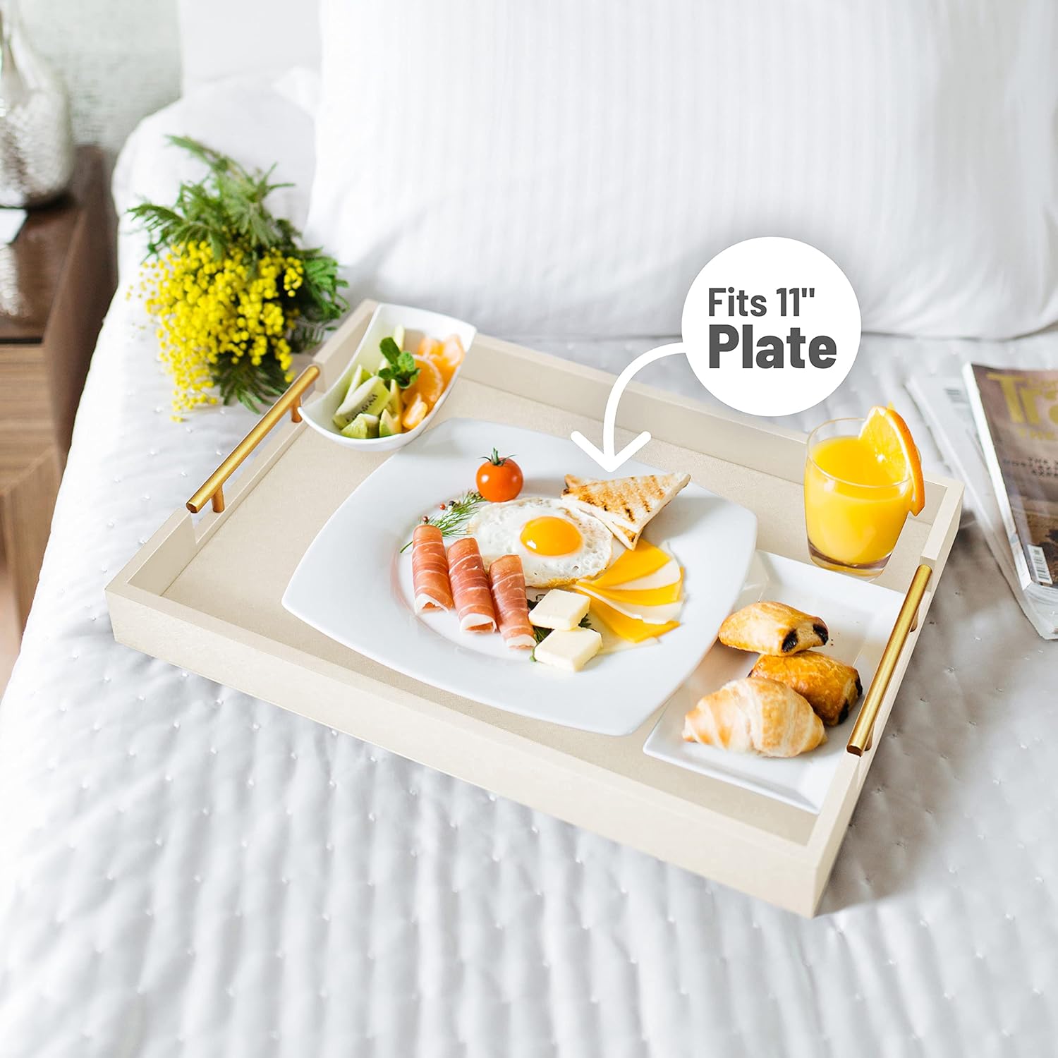 17" x 12" Wood Serving Tray with Gold Polished Metal Handles, Home Decorative Wooden Rectangle Ottoman Leather Decor Platter Bathroom Vanity Tray for All Occasions White