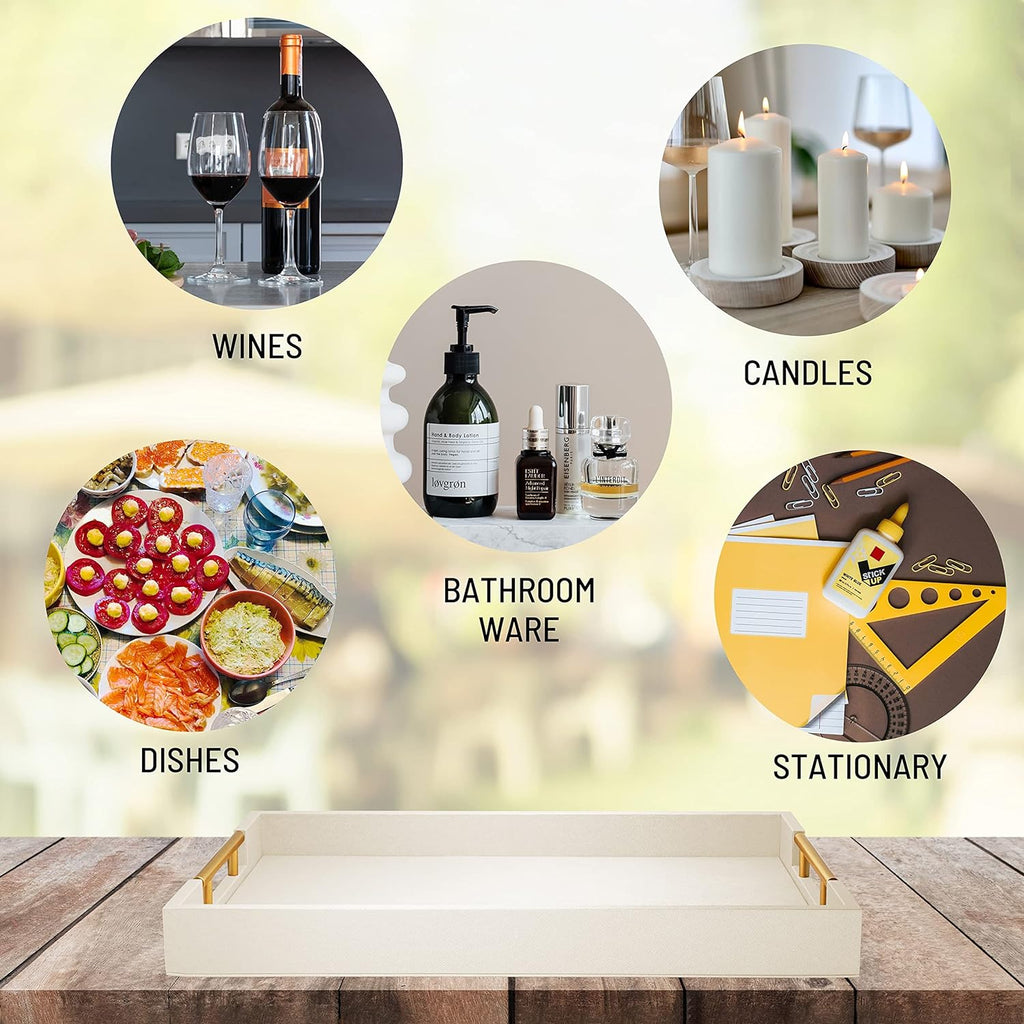 17" x 12" Wood Serving Tray with Gold Polished Metal Handles, Home Decorative Wooden Rectangle Ottoman Leather Decor Platter Bathroom Vanity Tray for All Occasions White