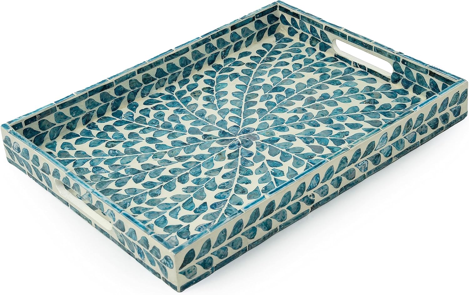 CLAYNIX Serving Tray 15.7" X11.8", Lacquer Mother of Pearl Inlay Mosaic Tray, Rectangle Wooden Marble Tray with Handles Trays for Tea, Breakfast in Bed, Table (Blue)