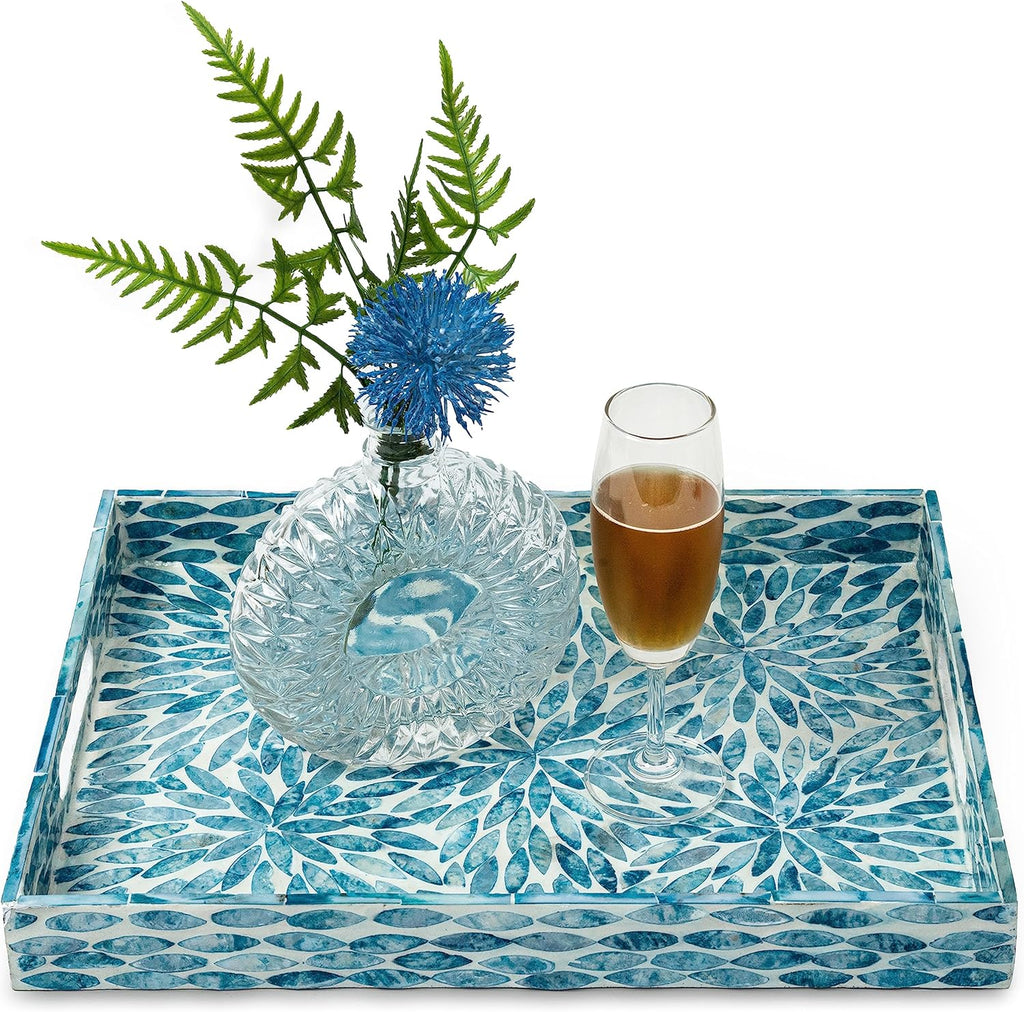 CLAYNIX Serving Tray 15.7" X11.8", Lacquer Mother of Pearl Inlay Mosaic Tray, Rectangle Wooden Marble Tray with Handles Trays for Tea, Breakfast in Bed, Table (Blue)
