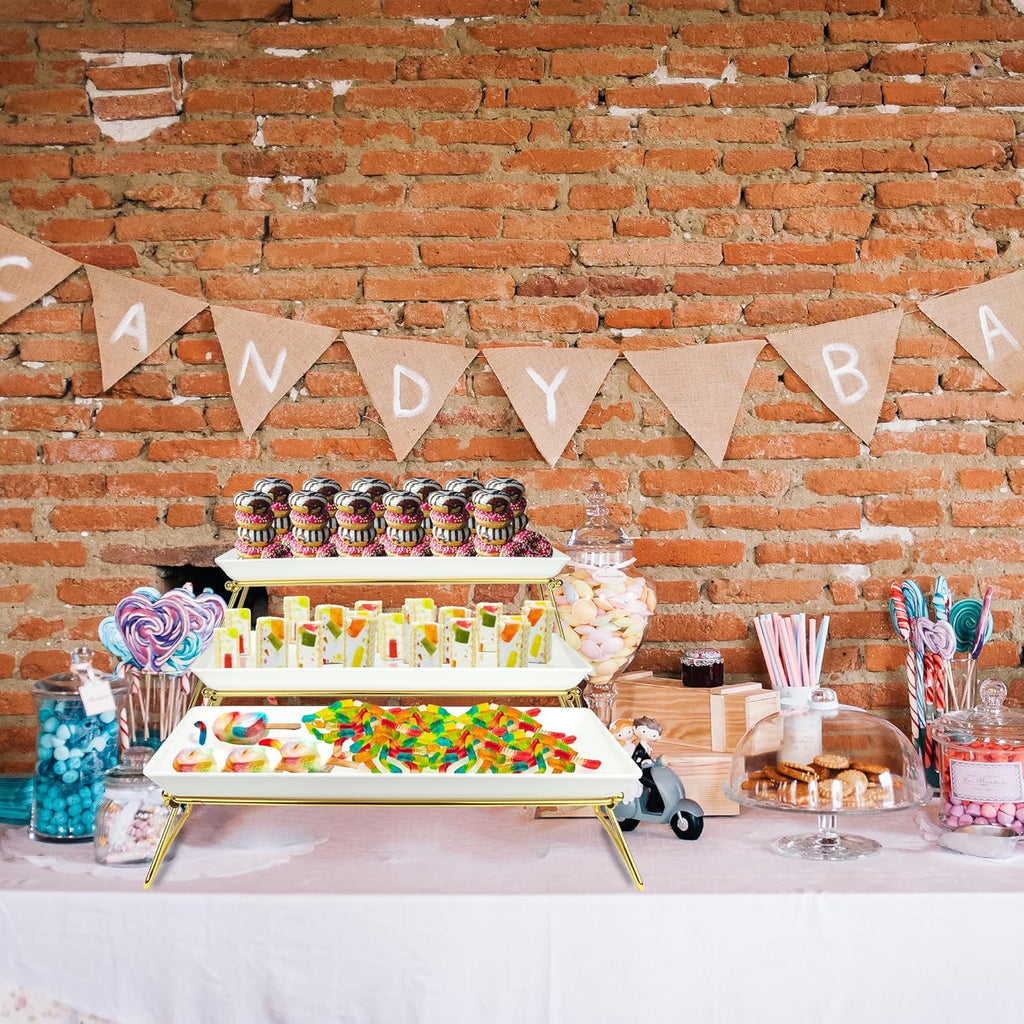 Extra Large 3 Tier Serving Tray, 24 x22 x 9.8 Inch Melamine Tiered Tray Stand and Platters for Party Buffet Entertaining, White and Gold