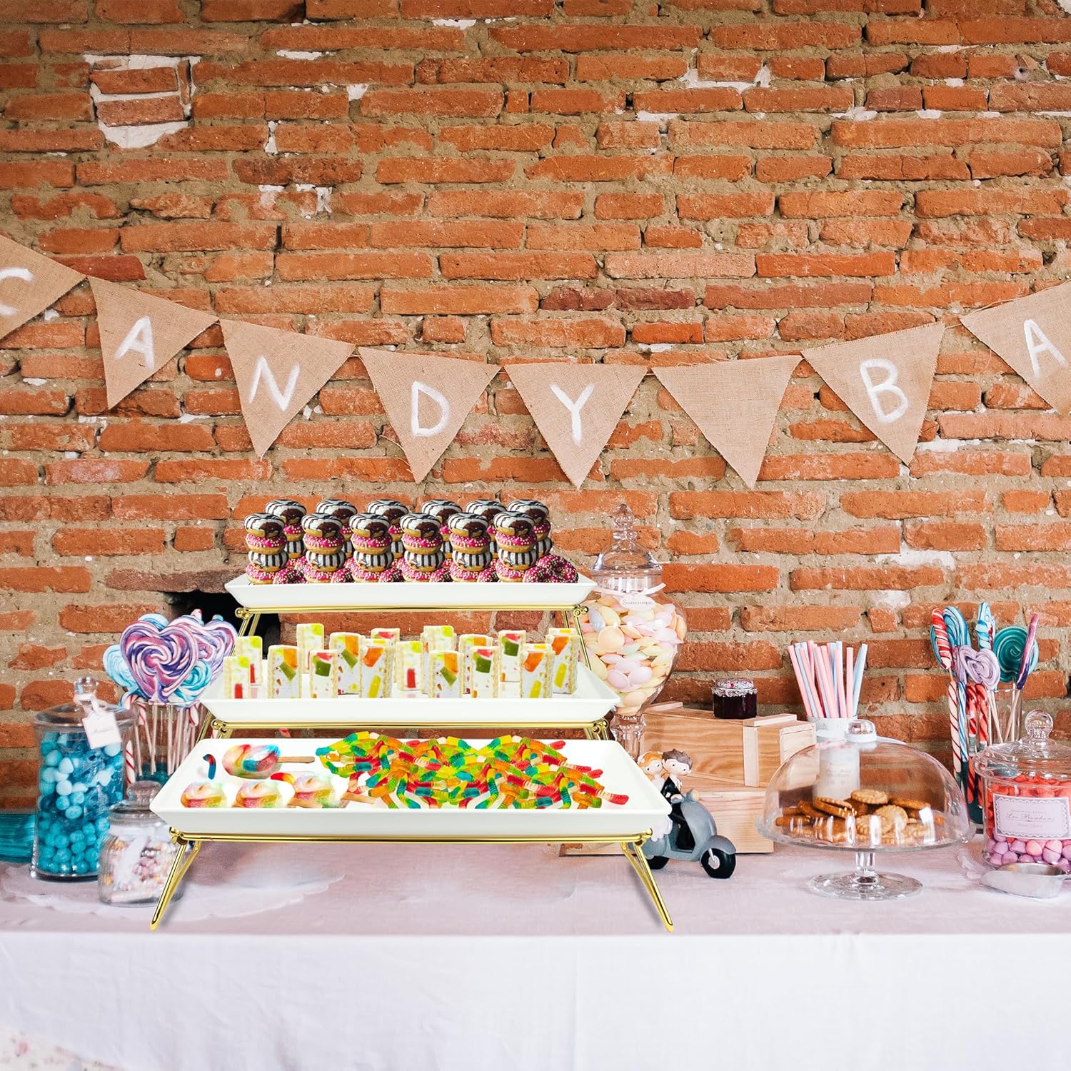 Extra Large 3 Tier Serving Tray, 24 x22 x 9.8 Inch Melamine Tiered Tray Stand and Platters for Party Buffet Entertaining, White and Gold