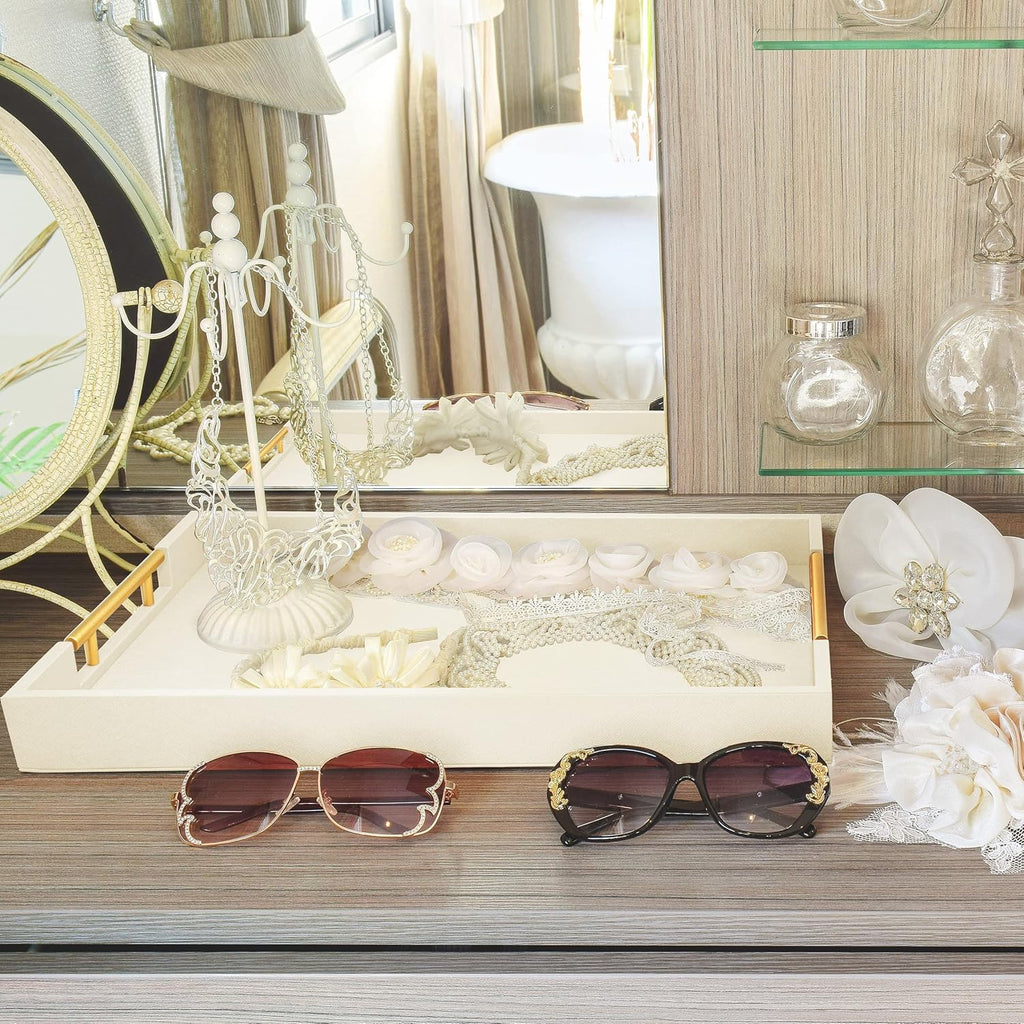 17" x 12" Wood Serving Tray with Gold Polished Metal Handles, Home Decorative Wooden Rectangle Ottoman Leather Decor Platter Bathroom Vanity Tray for All Occasions White