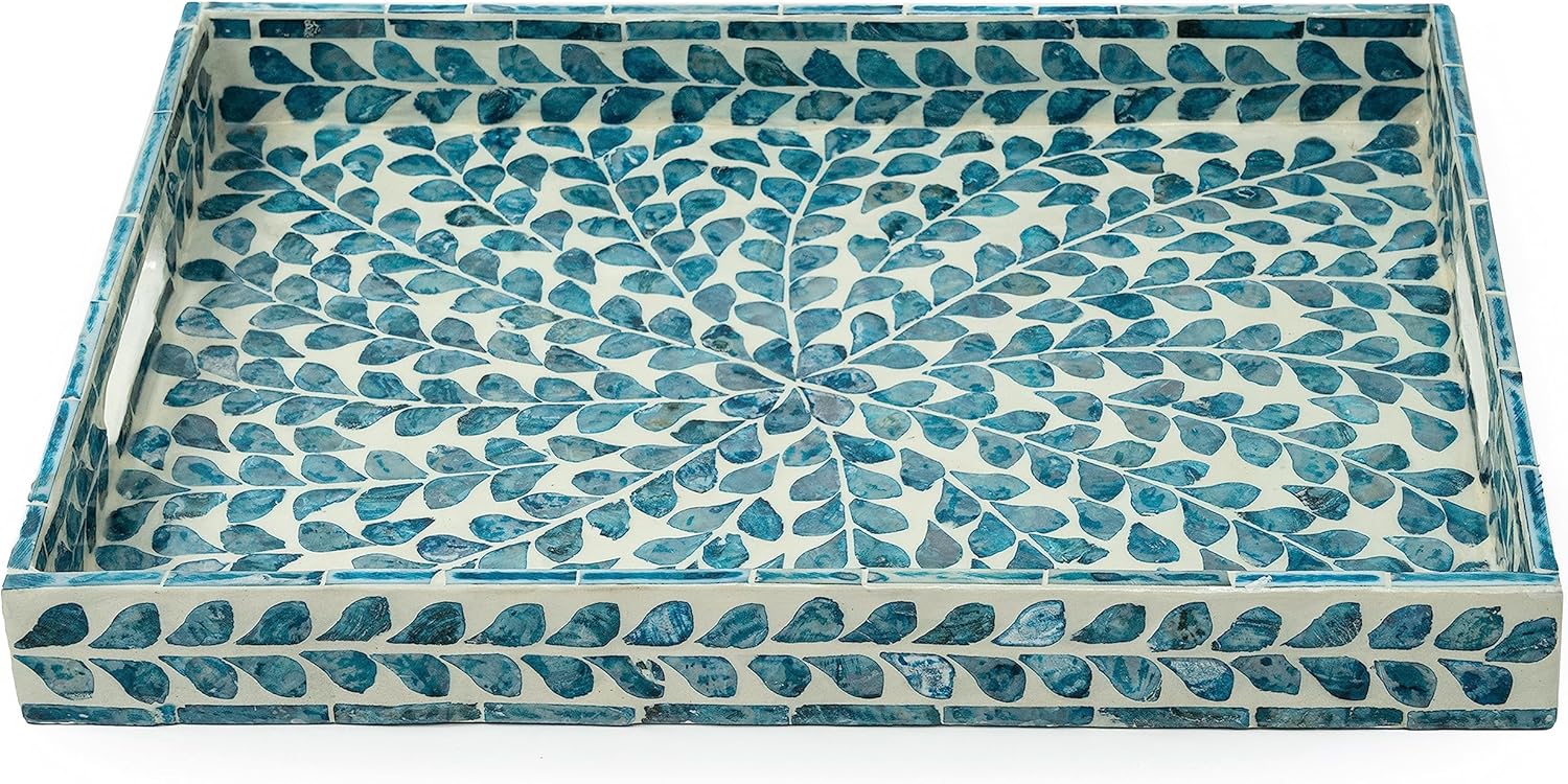 CLAYNIX Serving Tray 15.7" X11.8", Lacquer Mother of Pearl Inlay Mosaic Tray, Rectangle Wooden Marble Tray with Handles Trays for Tea, Breakfast in Bed, Table (Blue)