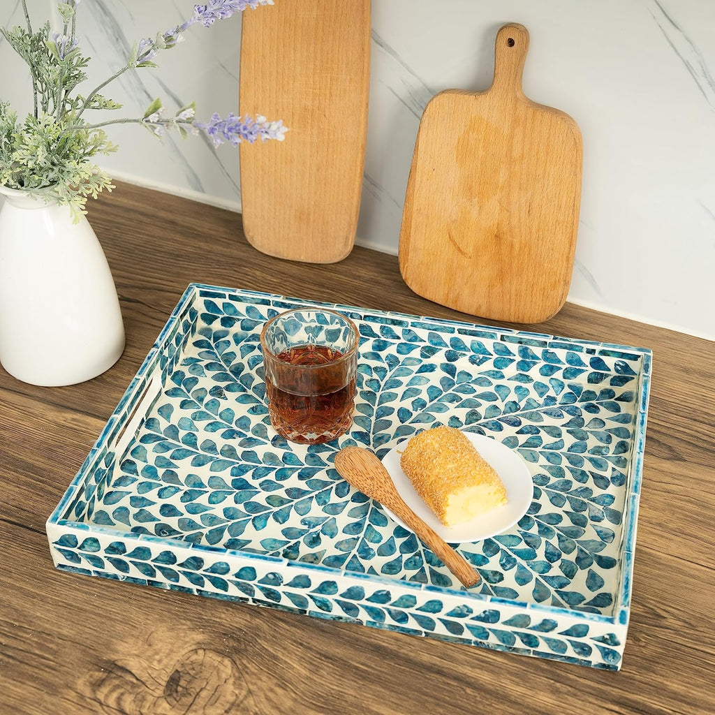 CLAYNIX Serving Tray 15.7" X11.8", Lacquer Mother of Pearl Inlay Mosaic Tray, Rectangle Wooden Marble Tray with Handles Trays for Tea, Breakfast in Bed, Table (Blue)