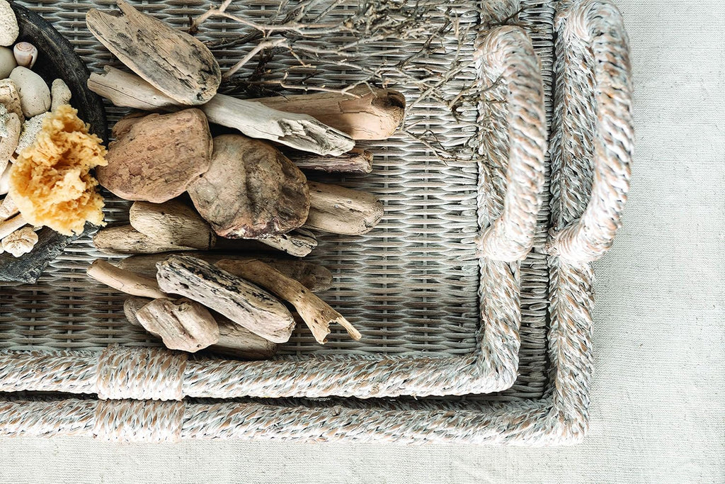 Creative Co-Op Decorative Rattan Trays with Handles & Whitewashed Finish (Set of 2 Sizes)