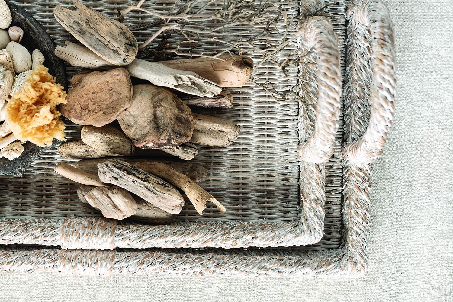 Creative Co-Op Decorative Rattan Trays with Handles & Whitewashed Finish (Set of 2 Sizes)